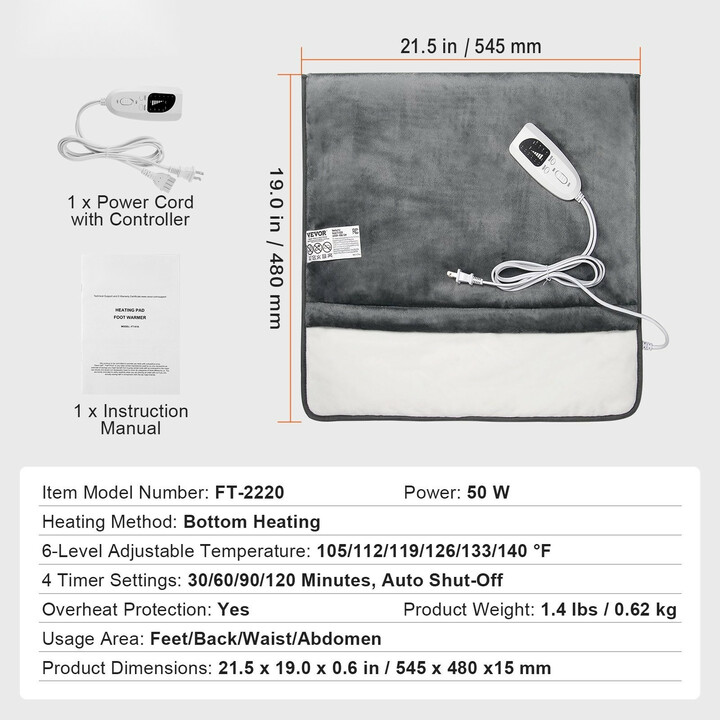 Sähkökäyttöinen jalkalämmitin FT-2220, 6 lämpötasoa, ajastin, ylikuumenemissuoja, flanelli