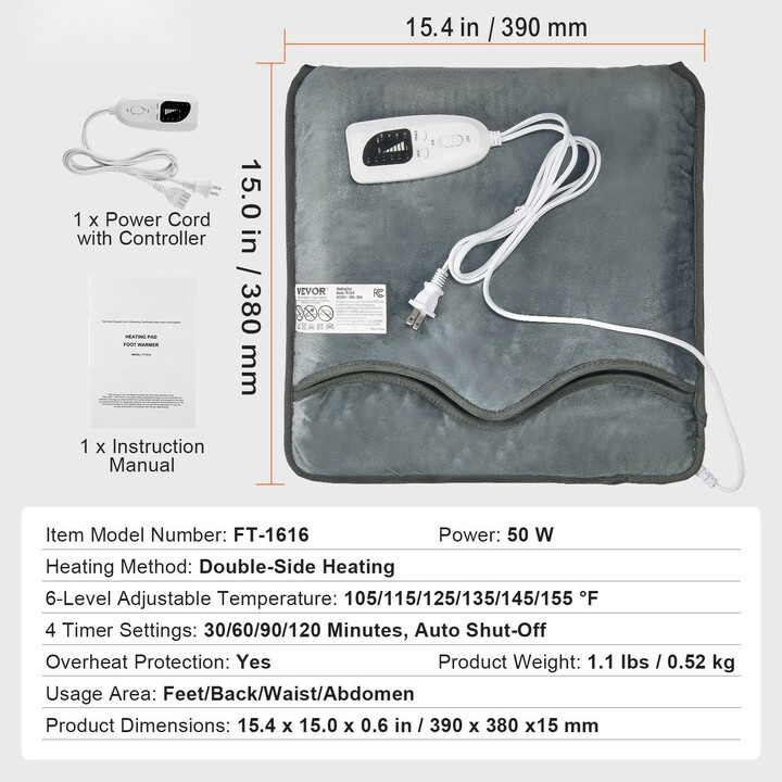 Sähköinen jalkalämmitin FT-1616, kaksipuolinen, 6 lämpötasoa, ajastin 30–120 min, 390 x 380 mm