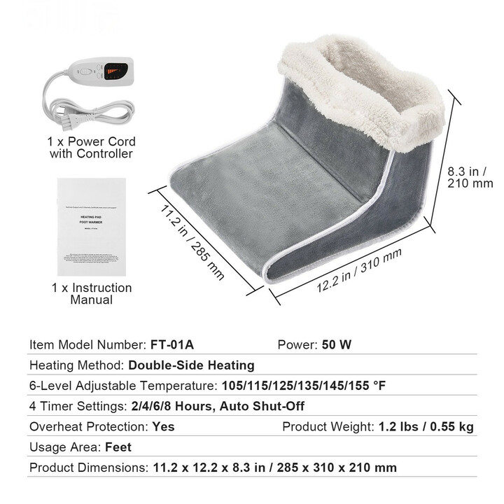 Sähköinen jalkalämmitin FT-01A, kaksipuolinen lämmitys, 6 lämpötilatasoa, ajastin, pestävä pehmeä flanelli