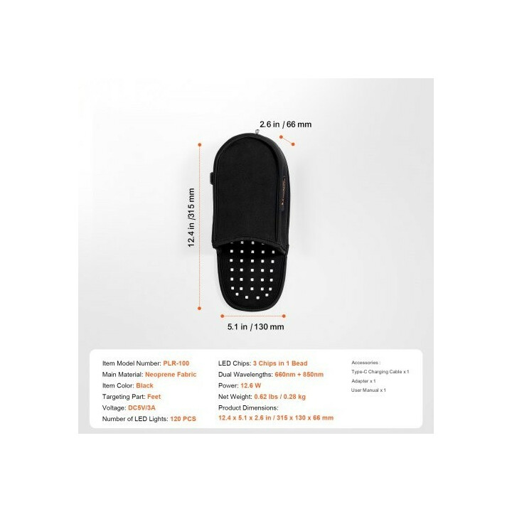 Punavaloterapiajalkakenkä PLR-100, 660 nm + 850 nm, 120 LED, 10/40 Hz pulssitila, musta