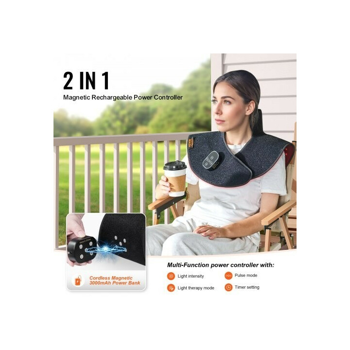 Punavaloterapia-tyyny niskalle ja hartioille 660nm + 850nm, 140 LED, langaton, 3 tehoa, ajastin, musta neopreeni BRL-1160