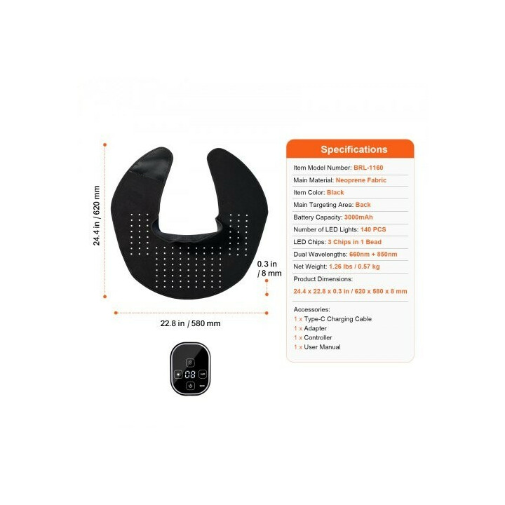 Punavaloterapia-tyyny niskalle ja hartioille 660nm + 850nm, 140 LED, langaton, 3 tehoa, ajastin, musta neopreeni BRL-1160