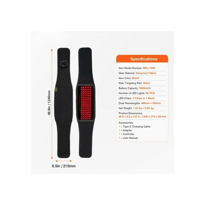 Punavalovyö BRL-1000 660nm + 850nm, 80 LED, tärinä, ajastin, langaton käyttö vyötärölle, selälle ja hartioille