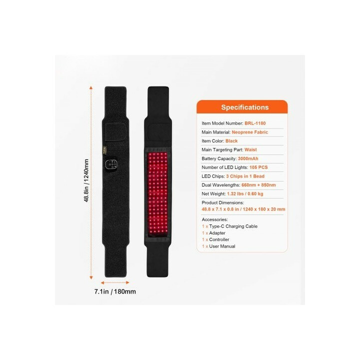 Punavalovyö BRL-1180 660nm+850nm lihasrentoutukseen vyötärölle, selälle, niskalle ja hartioille, musta
