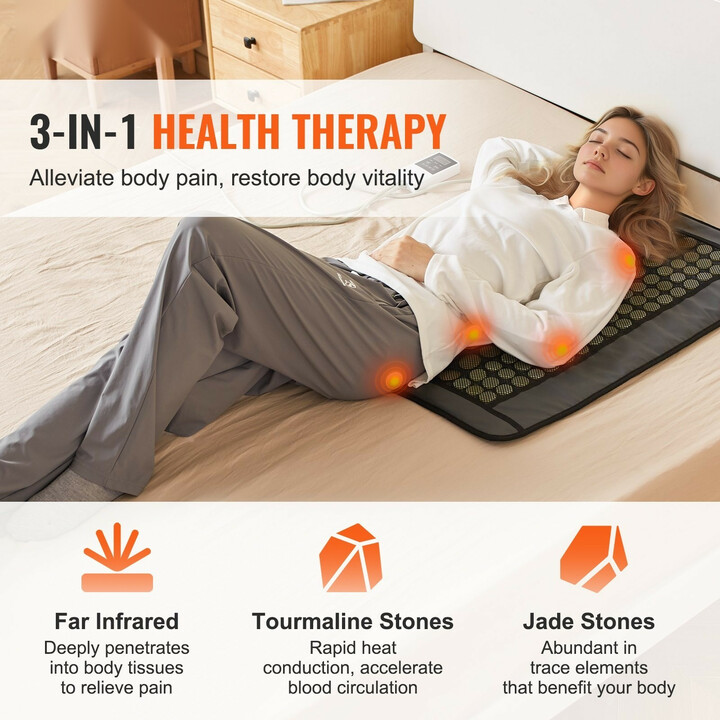 Far-infrapunalämpötyyny selälle, 108 jade- ja 42 turmaliinikiveä, säädettävä lämpötila 39–71 °C, automaattinen virrankatkaisu