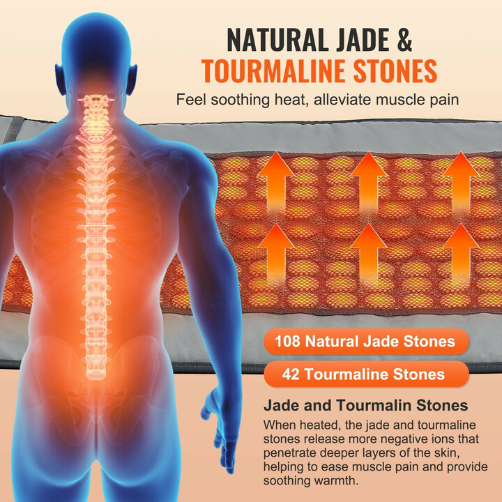 Far-infrapunalämpötyyny selälle, 108 jade- ja 42 turmaliinikiveä, säädettävä lämpötila 39–71 °C, automaattinen virrankatkaisu