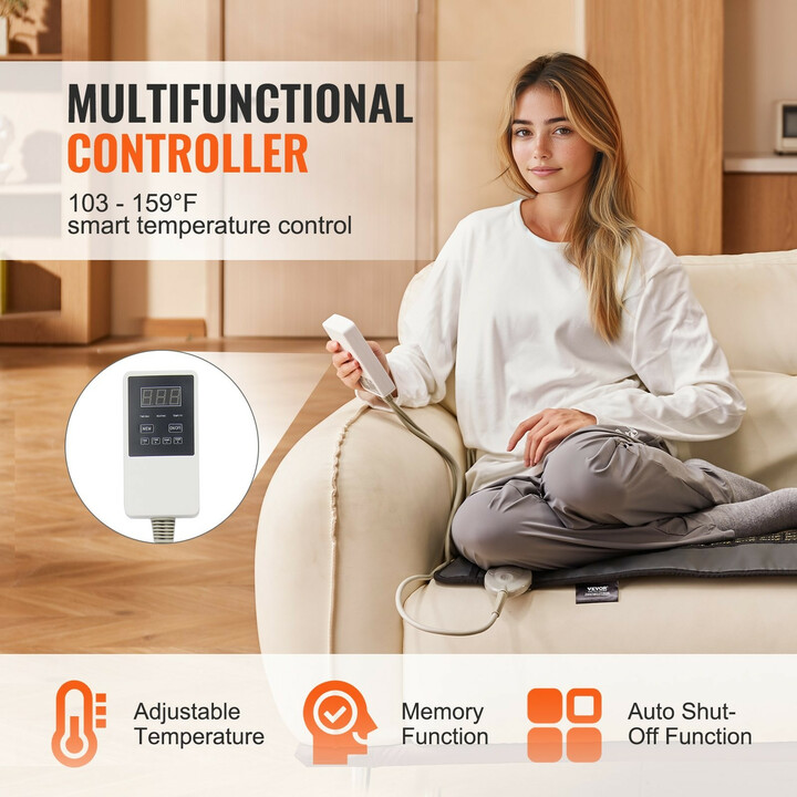 Far-infrapunalämpötyyny selälle, 108 jade- ja 42 turmaliinikiveä, säädettävä lämpötila 39–71 °C, automaattinen virrankatkaisu