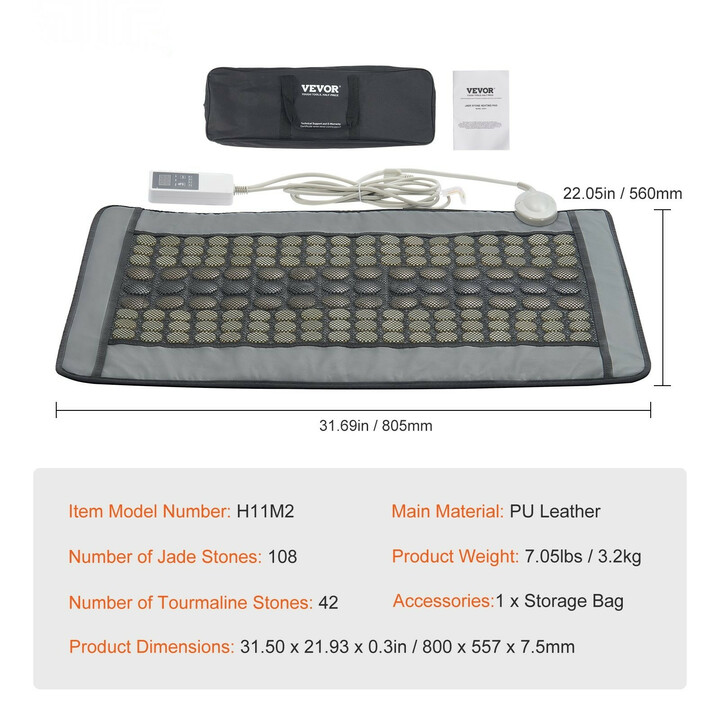 Far-infrapunalämpötyyny selälle, 108 jade- ja 42 turmaliinikiveä, säädettävä lämpötila 39–71 °C, automaattinen virrankatkaisu