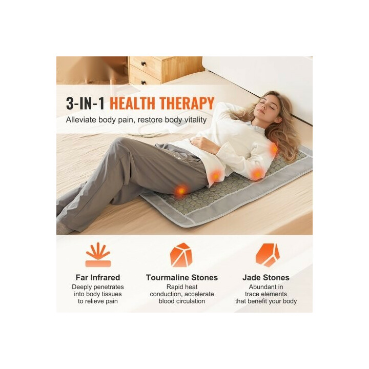 Kaukoinfrapuna lämpötyyny selälle, 132 jadekiveä ja 54 turmaliinikiveä, älyohjain, automaattinen virrankatkaisu, 1000 x 550 mm