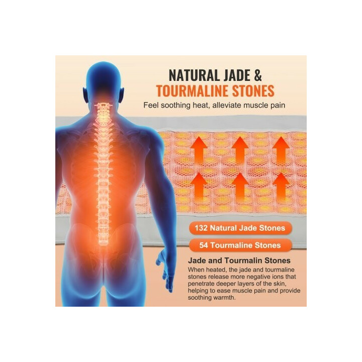 Kaukoinfrapuna lämpötyyny selälle, 132 jadekiveä ja 54 turmaliinikiveä, älyohjain, automaattinen virrankatkaisu, 1000 x 550 mm