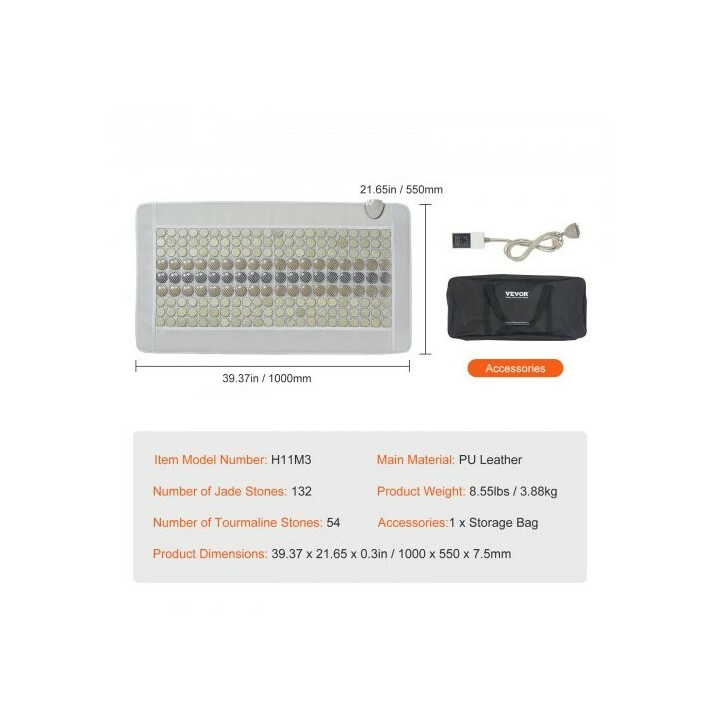 Kaukoinfrapuna lämpötyyny selälle, 132 jadekiveä ja 54 turmaliinikiveä, älyohjain, automaattinen virrankatkaisu, 1000 x 550 mm