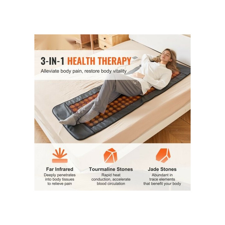 Infrapunalämpömatto koko keholle, jadekivet ja turmaliinikivet, säädettävä lämpötila, PU-nahka, 1780 x 604 mm