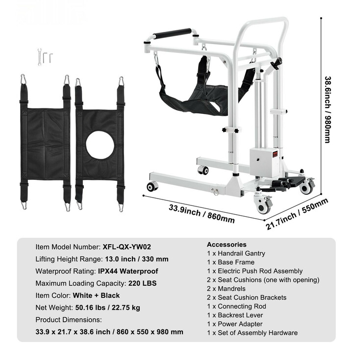 Sähkökäyttöinen potilasnostin- ja siirtotuoli, wc- ja suihkutuoli, taitettava, IPX44, 220 lbs kantavuus, valkoinen/musta