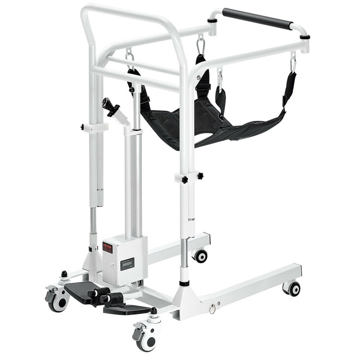Sähkökäyttöinen potilasnostin- ja siirtotuoli, wc- ja suihkutuoli, taitettava, IPX44, 220 lbs kantavuus, valkoinen/musta