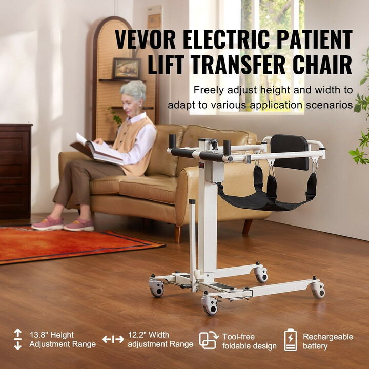 Sähköinen potilasnostin ja siirtotuoli, taittuva, IPX44, max 100 kg, valkoinen/musta, XFL-QX-YW07