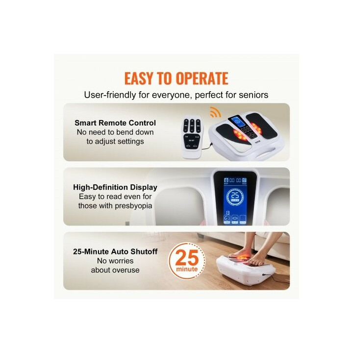 AST-300L jalkojen verenkierron stimulaattori lämpötoiminnolla, EMS- ja TENS-jalkahierontalaite, 25 tilaa, 50 intensiteettiä