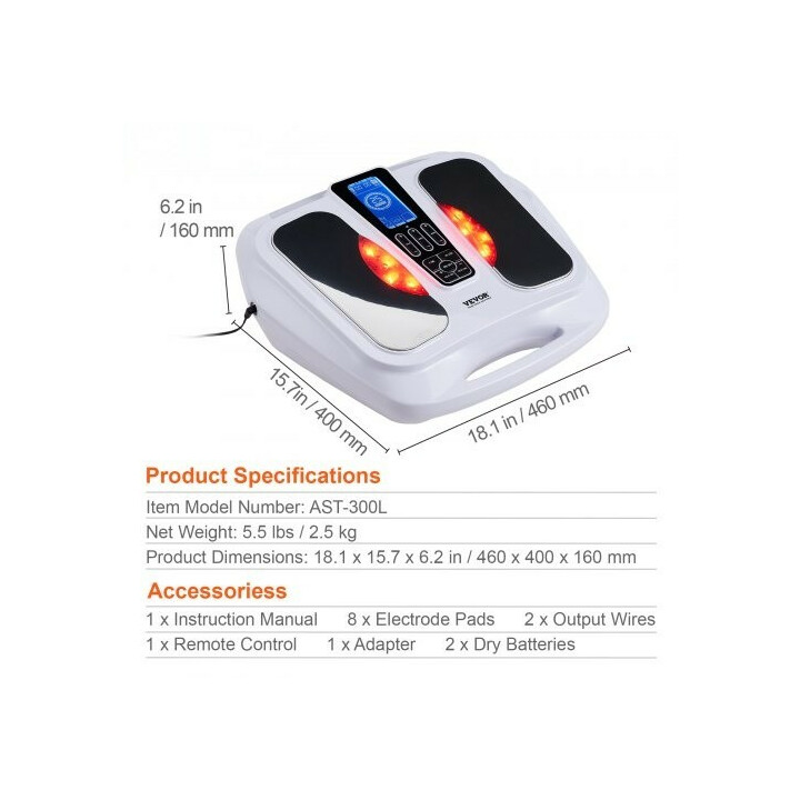 AST-300L jalkojen verenkierron stimulaattori lämpötoiminnolla, EMS- ja TENS-jalkahierontalaite, 25 tilaa, 50 intensiteettiä