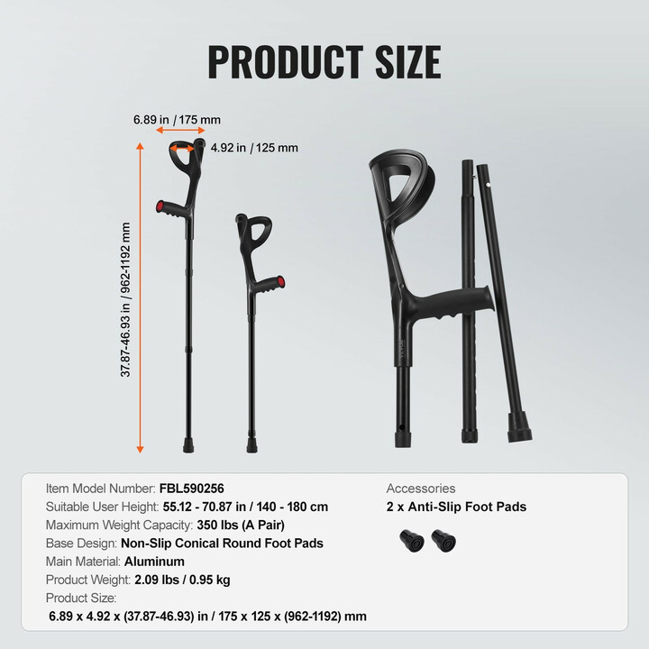 Säädettävät kyynärsauvat aikuisille, taittuvat, alumiinia, avoin mansetti, max 350 kg, 1 pari