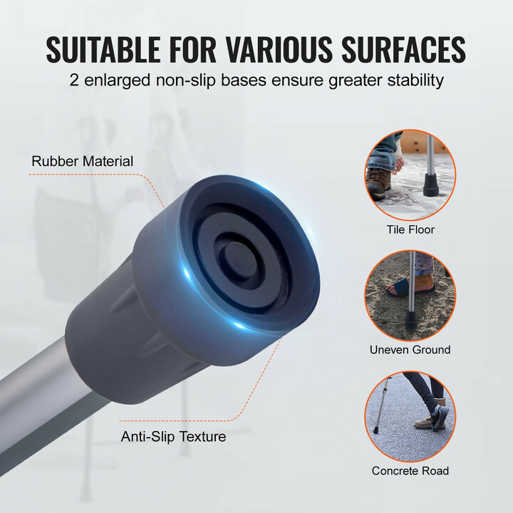 Säädettävät kainalosauvat aikuisille ja nuorille, alumiini, pehmeä kainalotuki, 13-portainen säätö, 1 pari