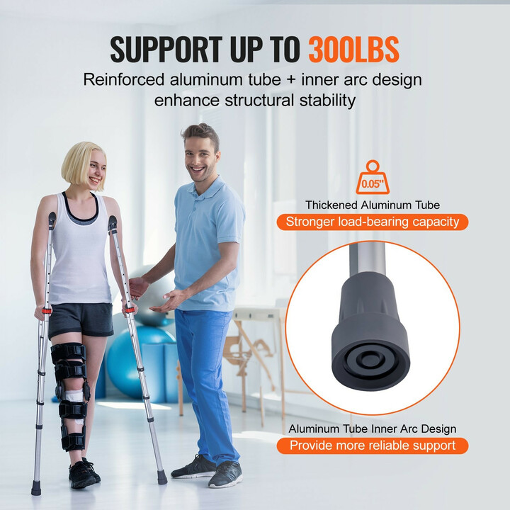 Säädettävät kainalosauvat aikuisille ja nuorille, alumiini, pehmeä kainalotuki, 13-portainen säätö, 1 pari