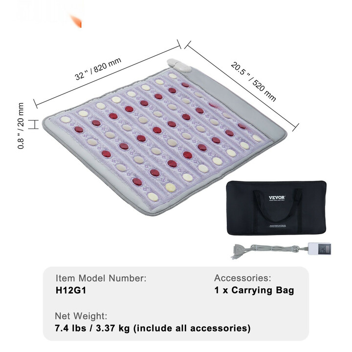 Ametisti lämpöalusta kaukoinfrapunalämmöllä, jade- ja turmaliinikivet, 660 nm punavalo, ajastin 0–720 min, koko 820 x 520 mm