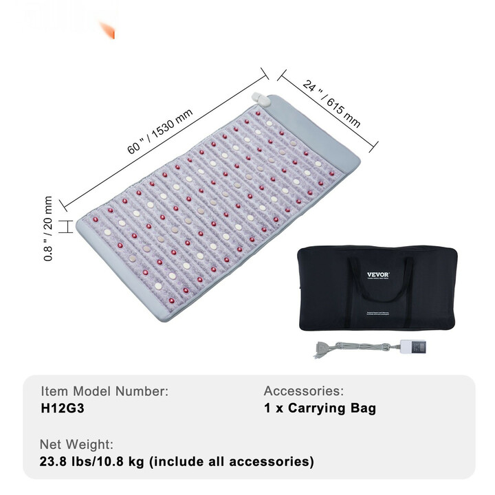 Ametisti lämpöalusta H12G3, jade- ja turmaliinikivet, kauko-infrapuna, 660 nm punavalo, ajastin 0–720 min, koko 1530 x 615 mm