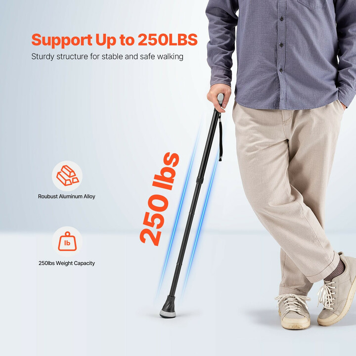 Taittuva kävelykeppi GB-818, säädettävä korkeus 735–915 mm, alumiinia, luistamaton kumikärki, kantokyky 113 kg, musta