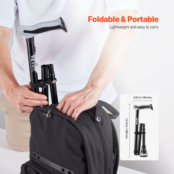 Taittuva kävelykeppi GB-818, säädettävä korkeus 735–915 mm, alumiinia, luistamaton kumikärki, kantokyky 113 kg, musta