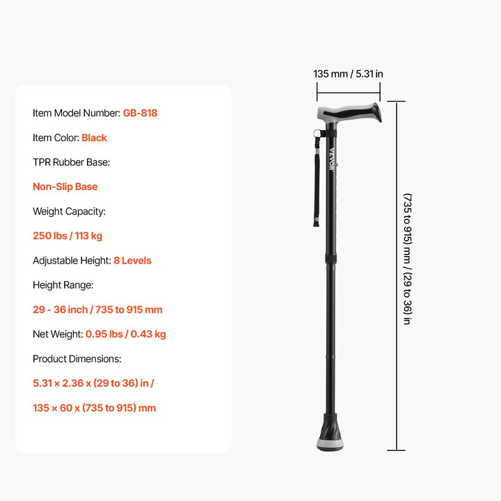 Taittuva kävelykeppi GB-818, säädettävä korkeus 735–915 mm, alumiinia, luistamaton kumikärki, kantokyky 113 kg, musta