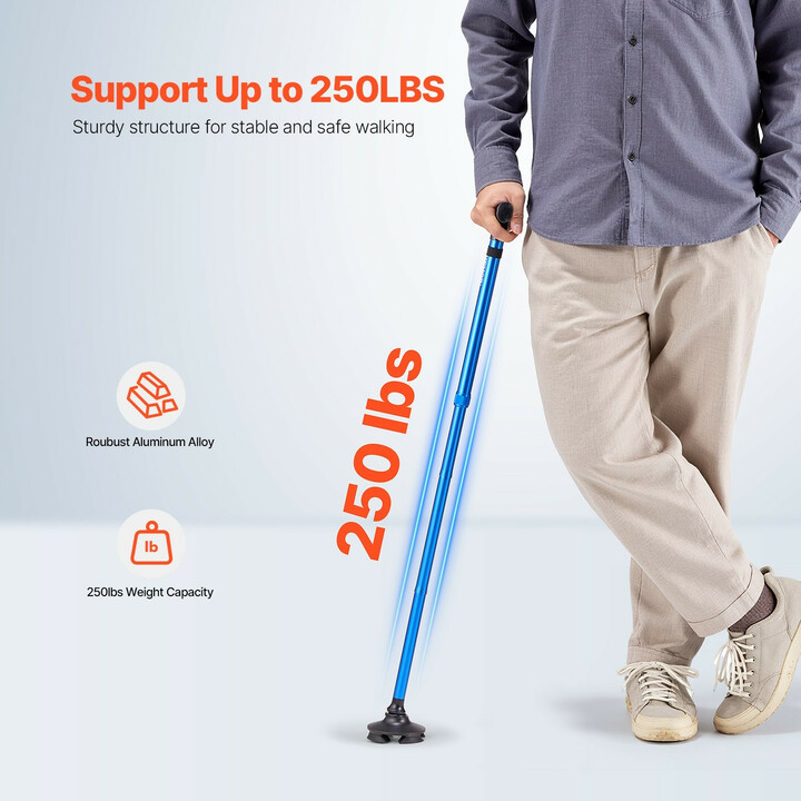 Taittuva kävelykeppi 8-tasoinen säätö 4-haarainen kääntyvä jalusta alumiini sininen seniorille 770–940 mm 113 kg