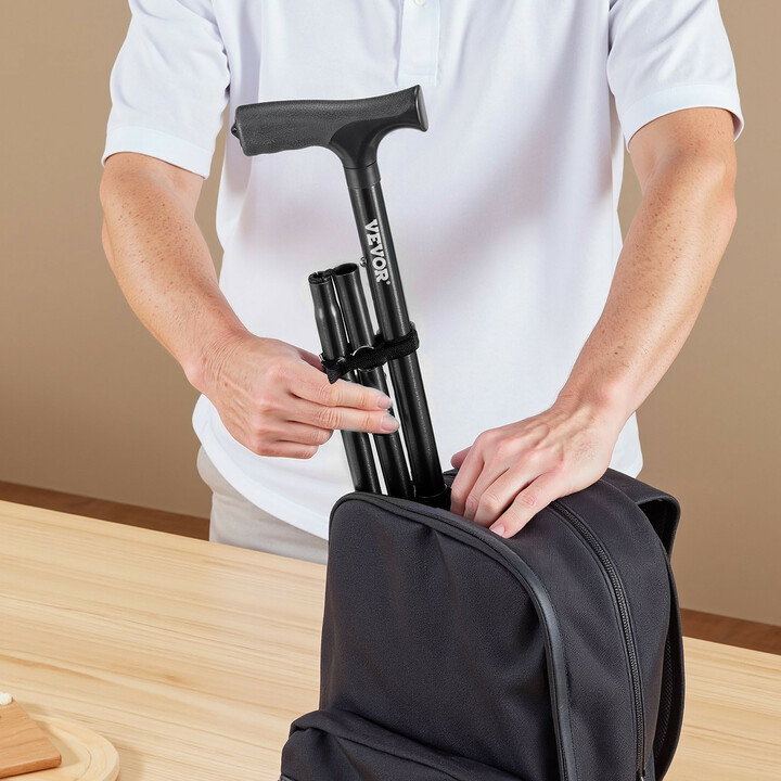 Taittuva kävelykeppi 4-haaraisella jalustalla, 8-portainen säätö, alumiinia, enimmäiskuormitus 113 kg, musta