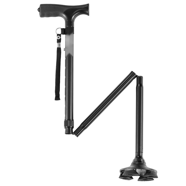 Taittuva kävelykeppi 4-haaraisella jalustalla, 8-portainen säätö, alumiinia, enimmäiskuormitus 113 kg, musta
