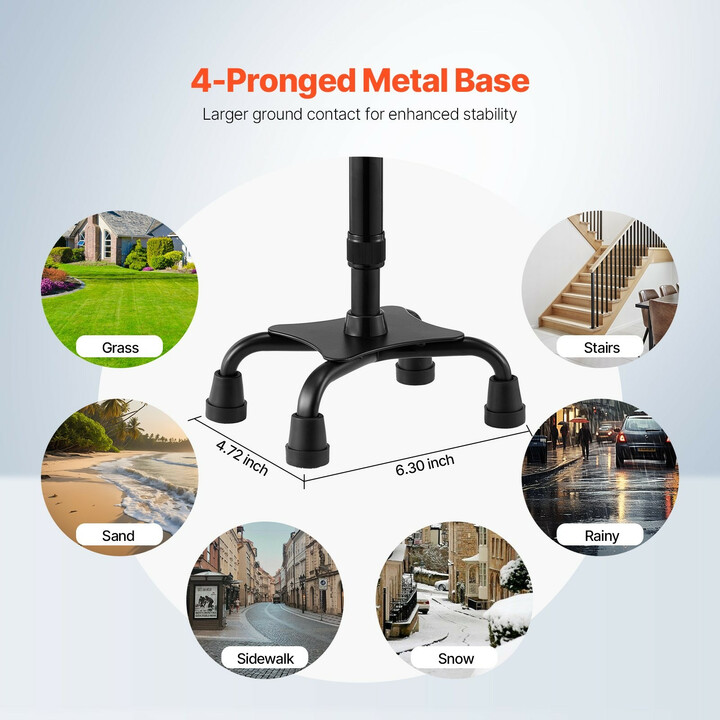 Nelikärkinen kävelykeppi GB-810, säädettävä 10 tasoa, alumiinia, kantavuus 113 kg, musta