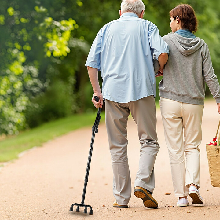 Nelikärkinen kävelykeppi GB-810, säädettävä 10 tasoa, alumiinia, kantavuus 113 kg, musta