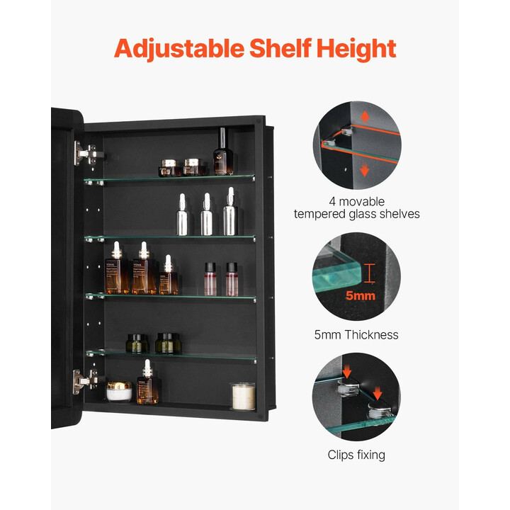 Lääkekaappi peiliovella kylpyhuoneeseen 4 säädettävää lasihyllyä 508 x 126 x 762 mm ML20×30-1