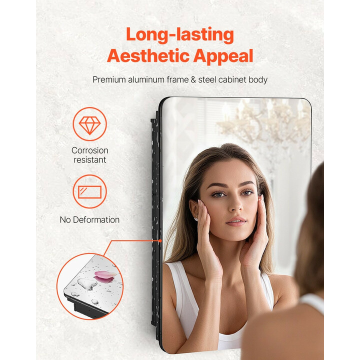 Lääkekaappi peiliovella kylpyhuoneeseen 4 säädettävää lasihyllyä 508 x 126 x 762 mm ML20×30-1