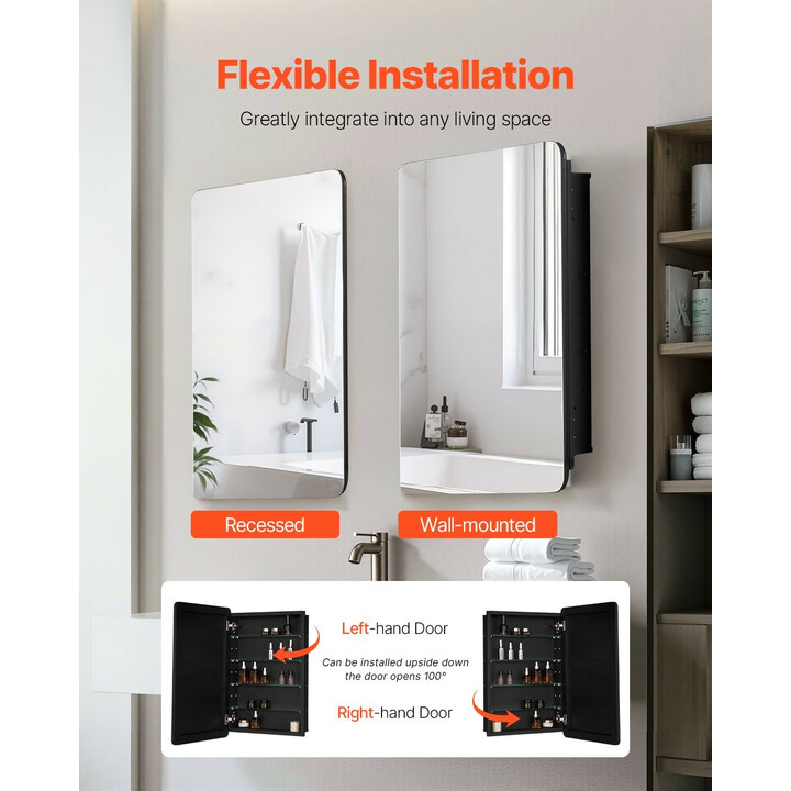 Lääkekaappi peiliovella kylpyhuoneeseen 4 säädettävää lasihyllyä 508 x 126 x 762 mm ML20×30-1