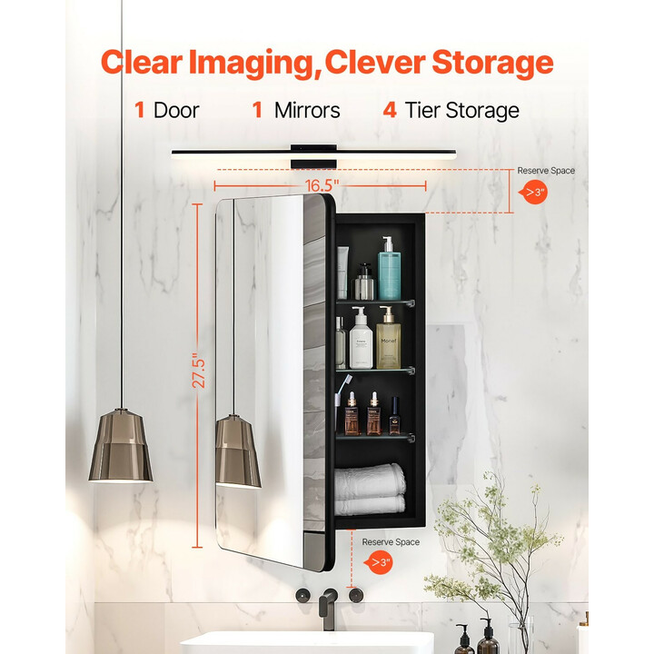 Lääkekaappi peilillä kylpyhuoneeseen, seinä- ja uppoasennus, 3 säädettävää hyllyä, alumiinirunko, 420 x 125 x 700 mm