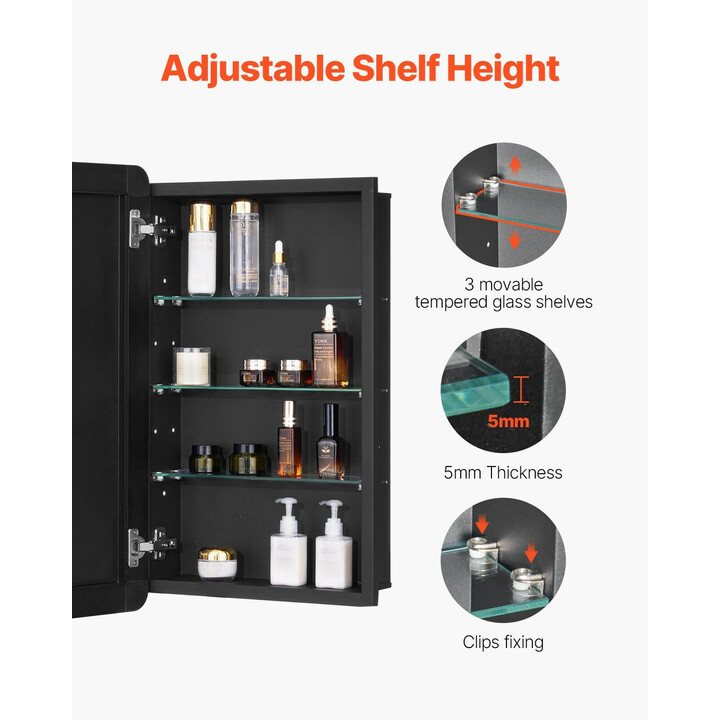 Lääkekaappi peilillä kylpyhuoneeseen, seinä- ja uppoasennus, 3 säädettävää hyllyä, alumiinirunko, 420 x 125 x 700 mm