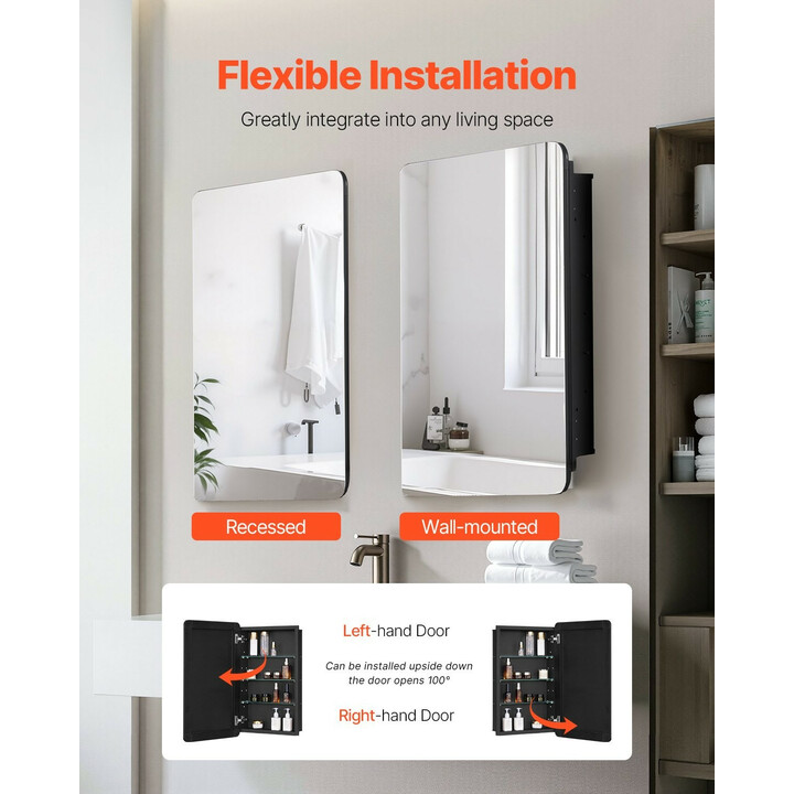 Lääkekaappi peilillä kylpyhuoneeseen, seinä- ja uppoasennus, 3 säädettävää hyllyä, alumiinirunko, 420 x 125 x 700 mm