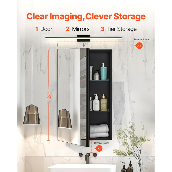 Kylpyhuoneen lääkekaappi peilillä 355x135x610 mm, alumiinirunko, 2 säädettävää hyllyä, uppo- ja seinäasennus