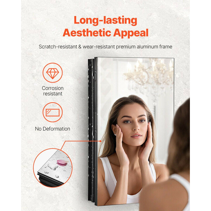 Kylpyhuoneen lääkekaappi peilillä 355x135x610 mm, alumiinirunko, 2 säädettävää hyllyä, uppo- ja seinäasennus