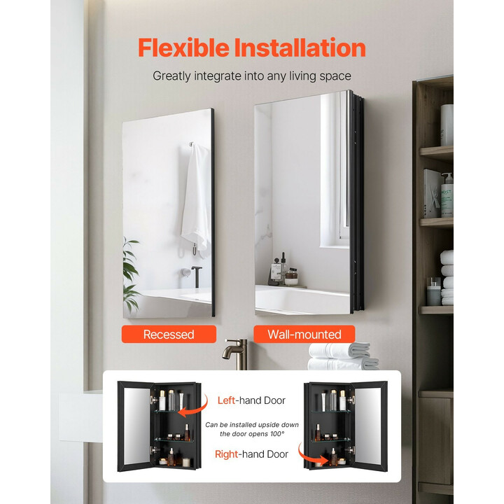 Kylpyhuoneen lääkekaappi peilillä 355x135x610 mm, alumiinirunko, 2 säädettävää hyllyä, uppo- ja seinäasennus