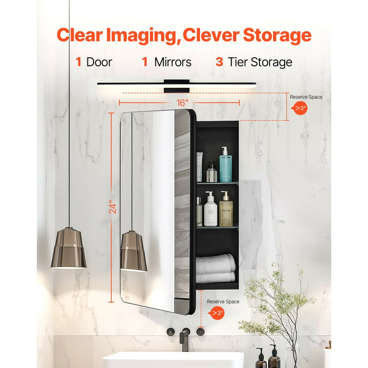 Kylpyhuoneen peilikaappi ML16×24-1, alumiinirunko, 2 säädettävää lasihyllyä, 406 x 128 x 610 mm