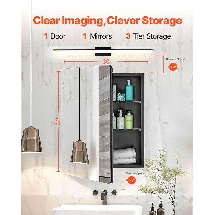 Kylpyhuoneen peilikaappi 610x762 mm, alumiinirunko, 2 säädettävää lasihyllyä, seinälle tai upotettava