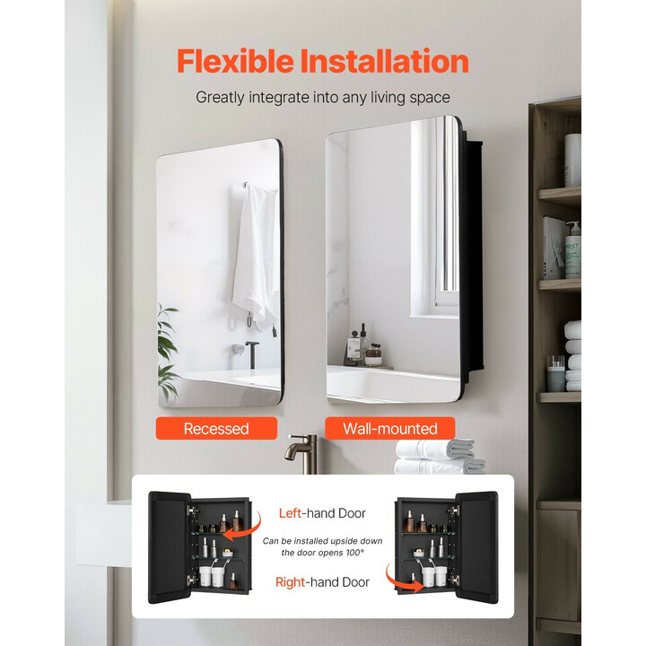 Kylpyhuoneen peilikaappi ML16×24-1, alumiinirunko, 2 säädettävää lasihyllyä, 406 x 128 x 610 mm