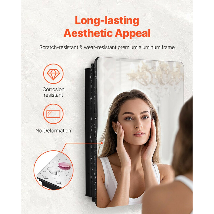 Kylpyhuoneen peilikaappi 610x762 mm, alumiinirunko, 2 säädettävää lasihyllyä, seinälle tai upotettava