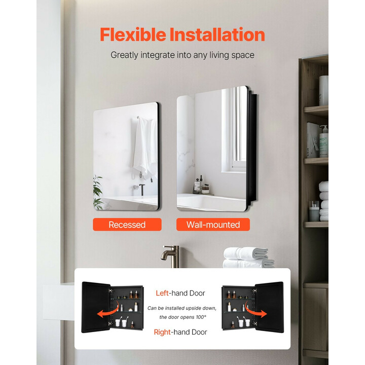 Kylpyhuoneen peilikaappi 610x762 mm, alumiinirunko, 2 säädettävää lasihyllyä, seinälle tai upotettava