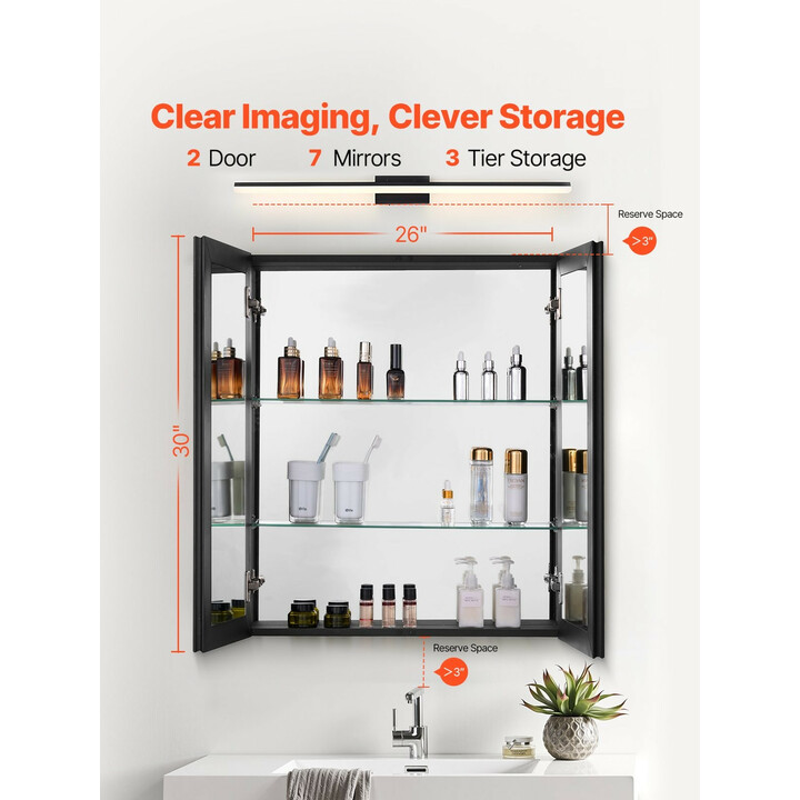 Lääkekaappi kylpyhuoneeseen peilillä, alumiinirunko, 2 säädettävää lasihyllyä, pinta- ja uppoasennus, 662 x 135 x 762 mm