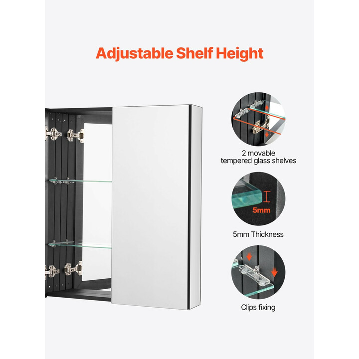 Lääkekaappi kylpyhuoneeseen peilillä, alumiinirunko, 2 säädettävää lasihyllyä, pinta- ja uppoasennus, 662 x 135 x 762 mm